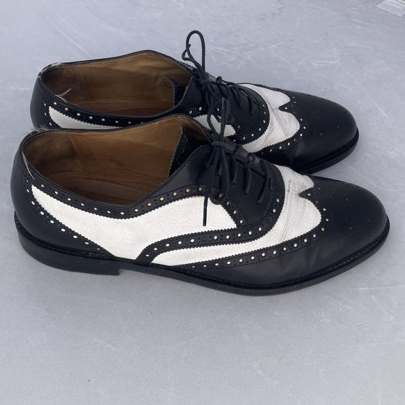 COLE HAAN Abraham I MADE IN ITALY BLACK WHITE LEATHER Wingtip Oxford sz 9.5M - Picture 2 of 10